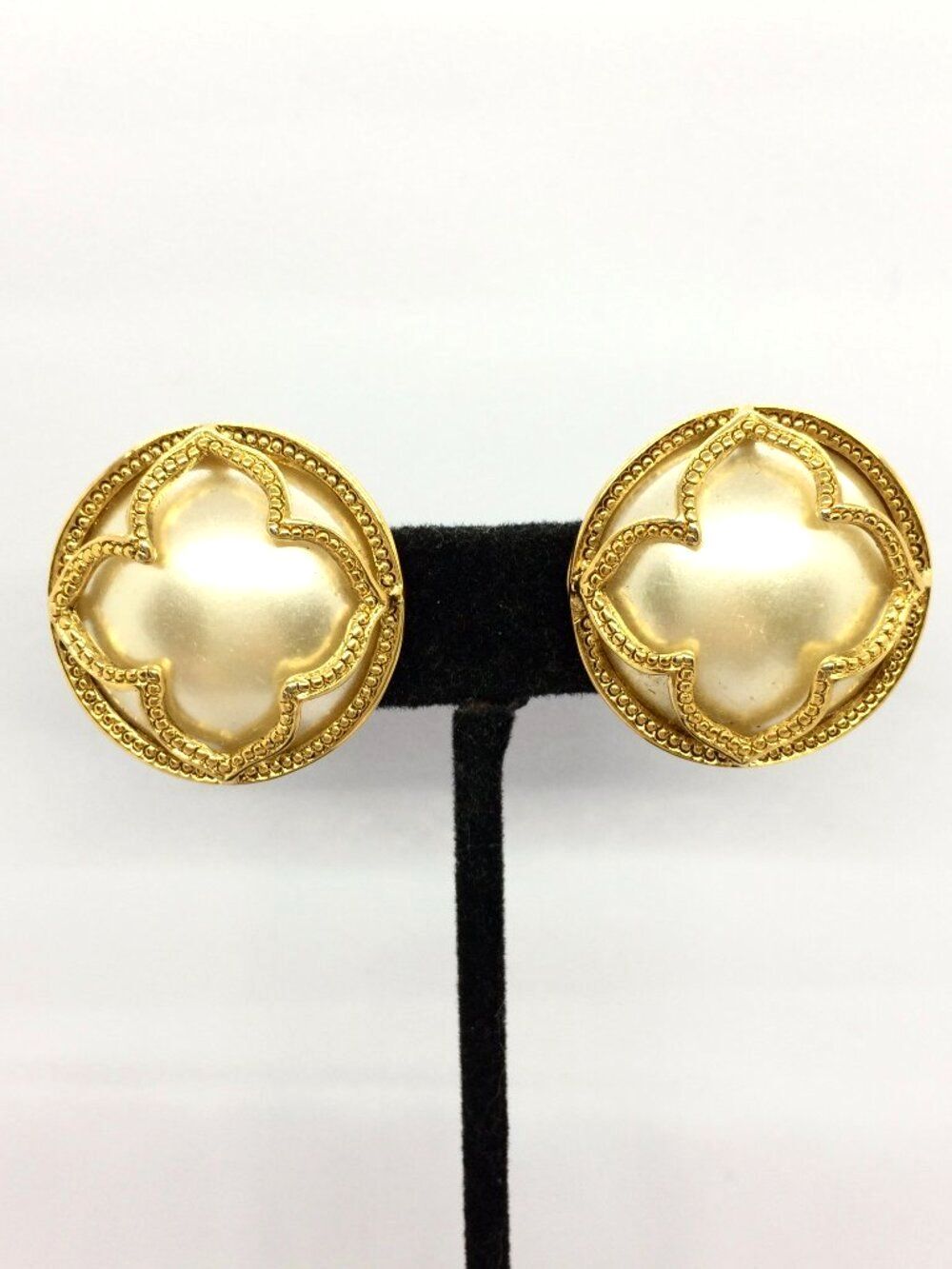 VINTAGE Gold Tone Earrings Clover Faux Pearl 80s Statement Runway